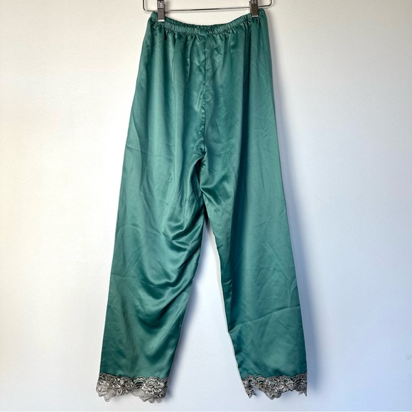 Vintage Teal Satin Elastic Waist Lace Trim Sleepwear Lounge Pants - Picture 4 of 4